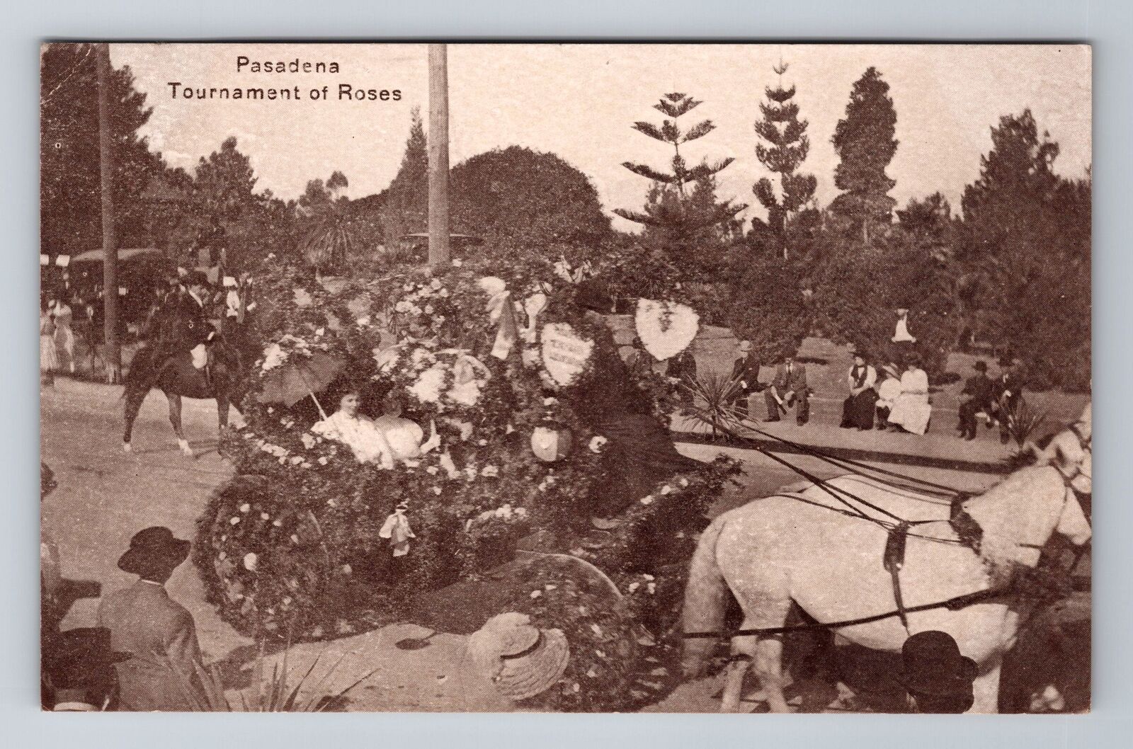 Pasadena CA-California, Rose Parade Float, Horses, Antique Vintage Postcard