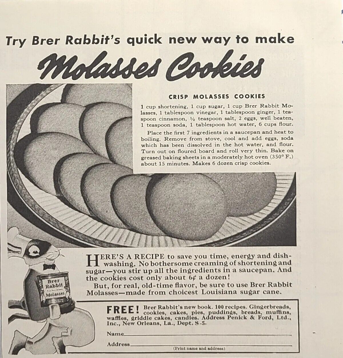 Brer Rabbit\'s Molasses Crisp Cookie Recipe Vintage Print Ad 1938