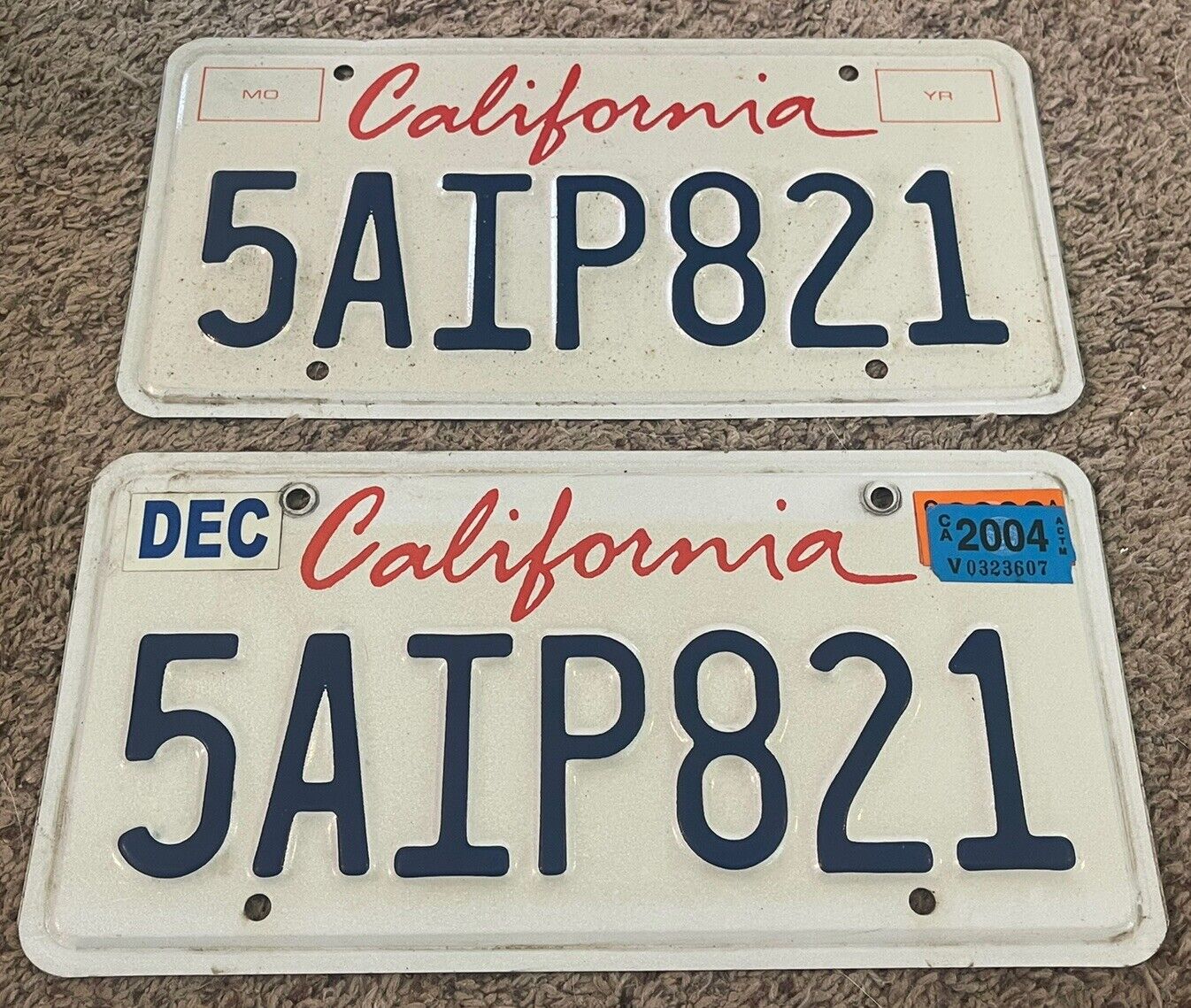 Matching Pair Ca. 2000 California Script License Plate - 5AIP821