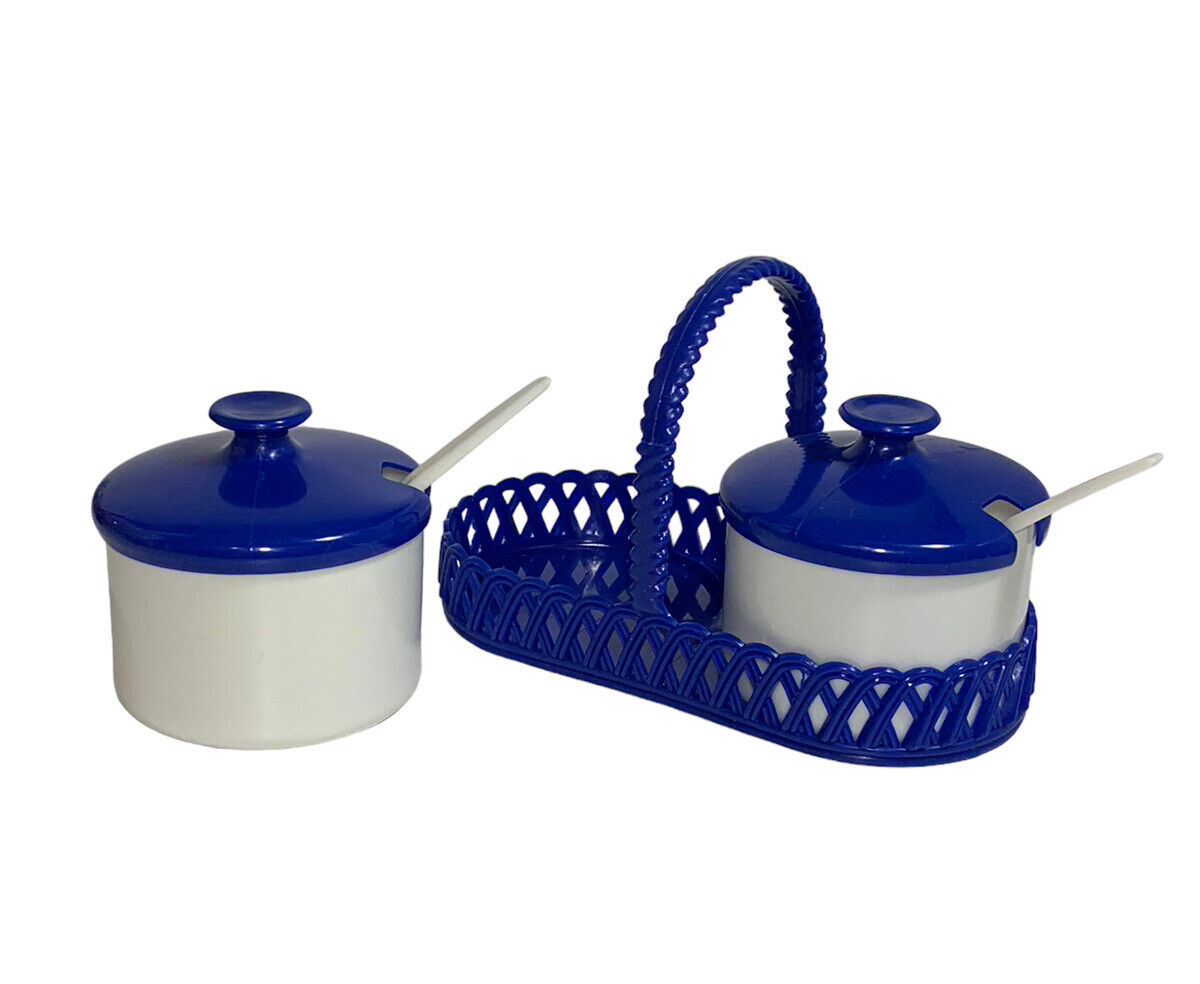 Vtg Dialene Better Maid Blue and White Plastic Condiment Set w/Caddy and Spoons