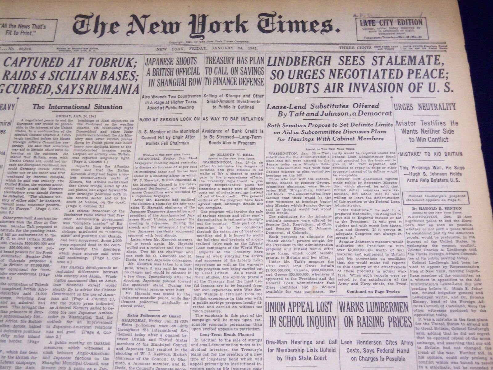 1941 JANUARY 24 NEW YORK TIMES - LINDBERGH SEES STALEMATE URGES PEACE - NT 1516