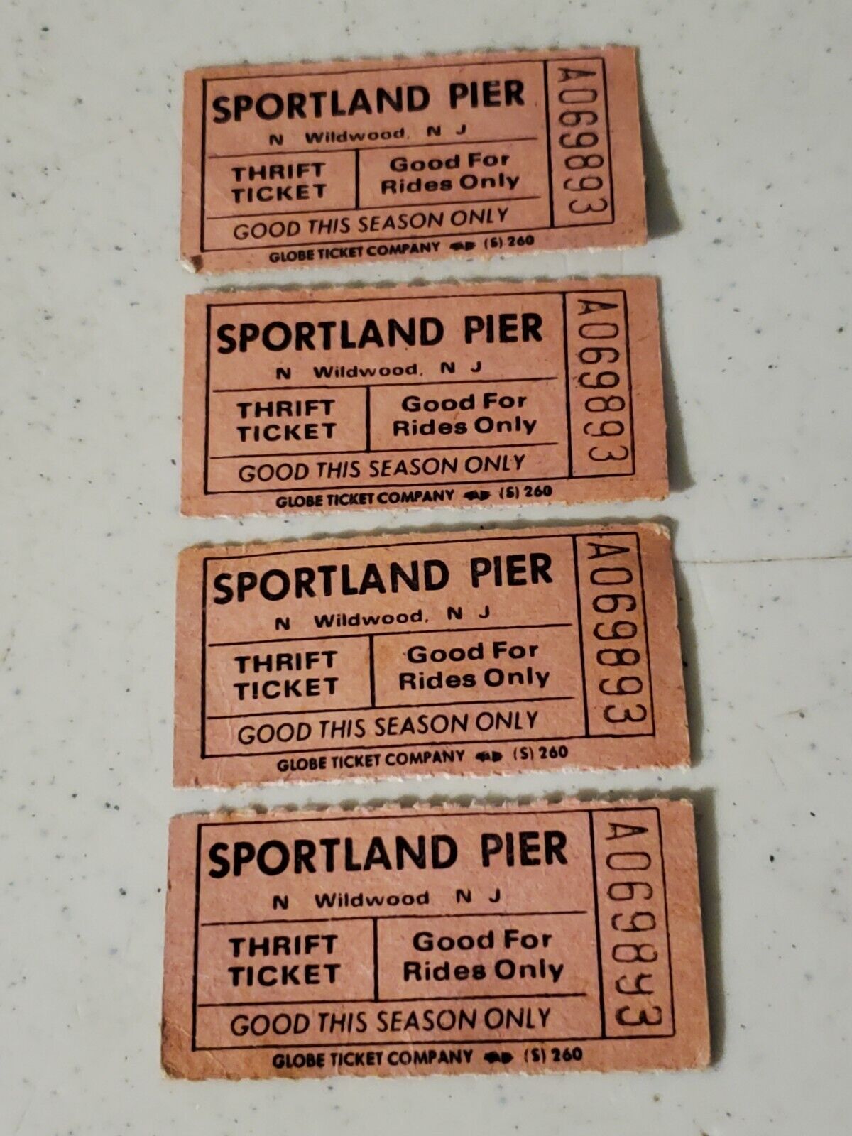 4 Lot Rare Vtg Original Sportland Pier Thrift Ride Tickets Wildwood NJ Boardwalk
