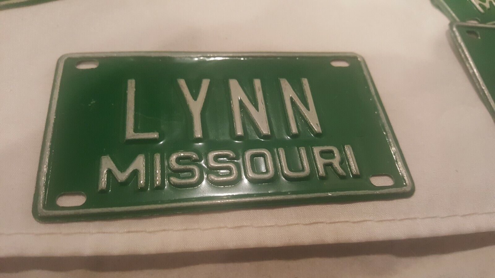  Vtg Green Aluminum Name Bicycle Bike License Plate Missouri Boy Girl Lynn