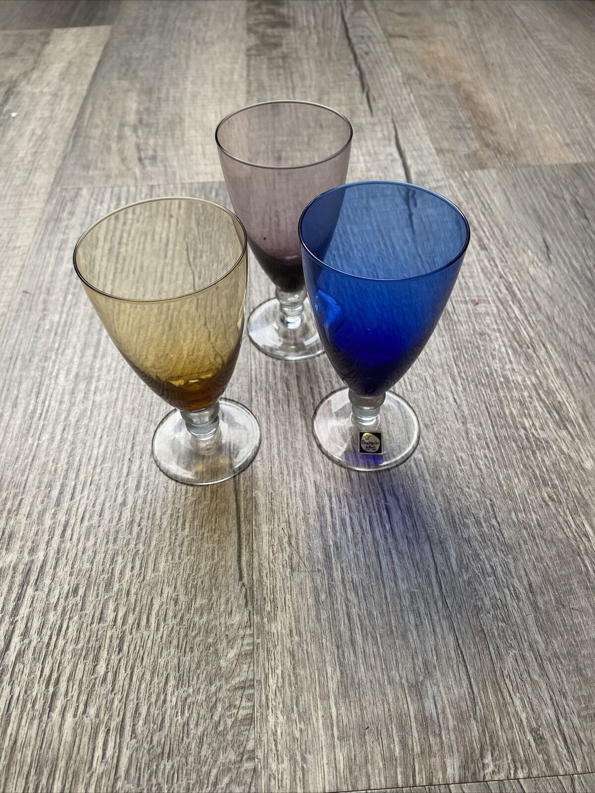 Vintage Set Of 3 Multi Coloured  Mini Goblets Glasses Barware Glassware 1950