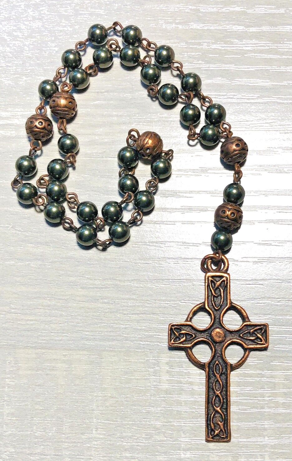 Vintage Anglican Prayer Beads, Green Faux-Pearl Glass, Antiqued Copper, Celtic