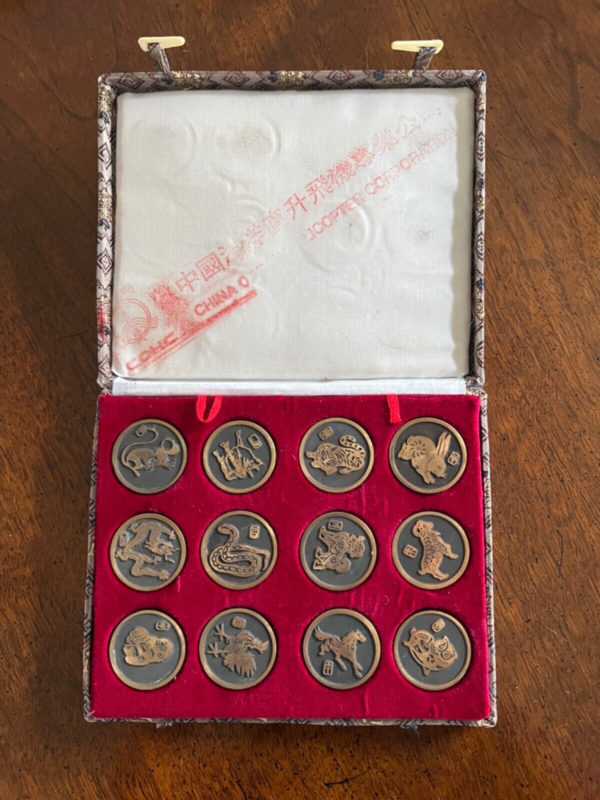 Original Set of 12 Vintage Chinese Zodiac Animal Coin Medallions 1940's