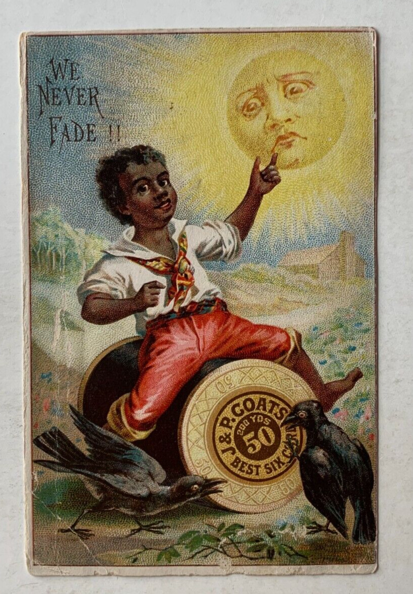 1880s Victorian Trade Card J&P Coats Spool Cotton Boy Crows Sun \