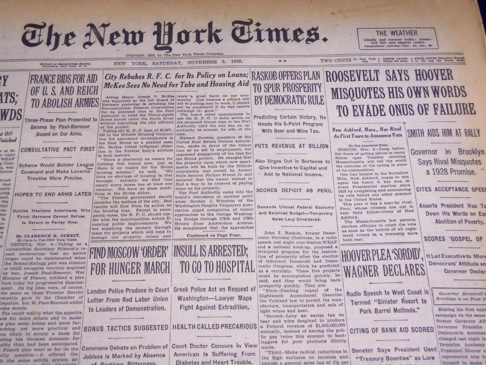 1932 NOVEMBER 5 NEW YORK TIMES - RASKOB PLAN OF PROSPERITY - NT 4107