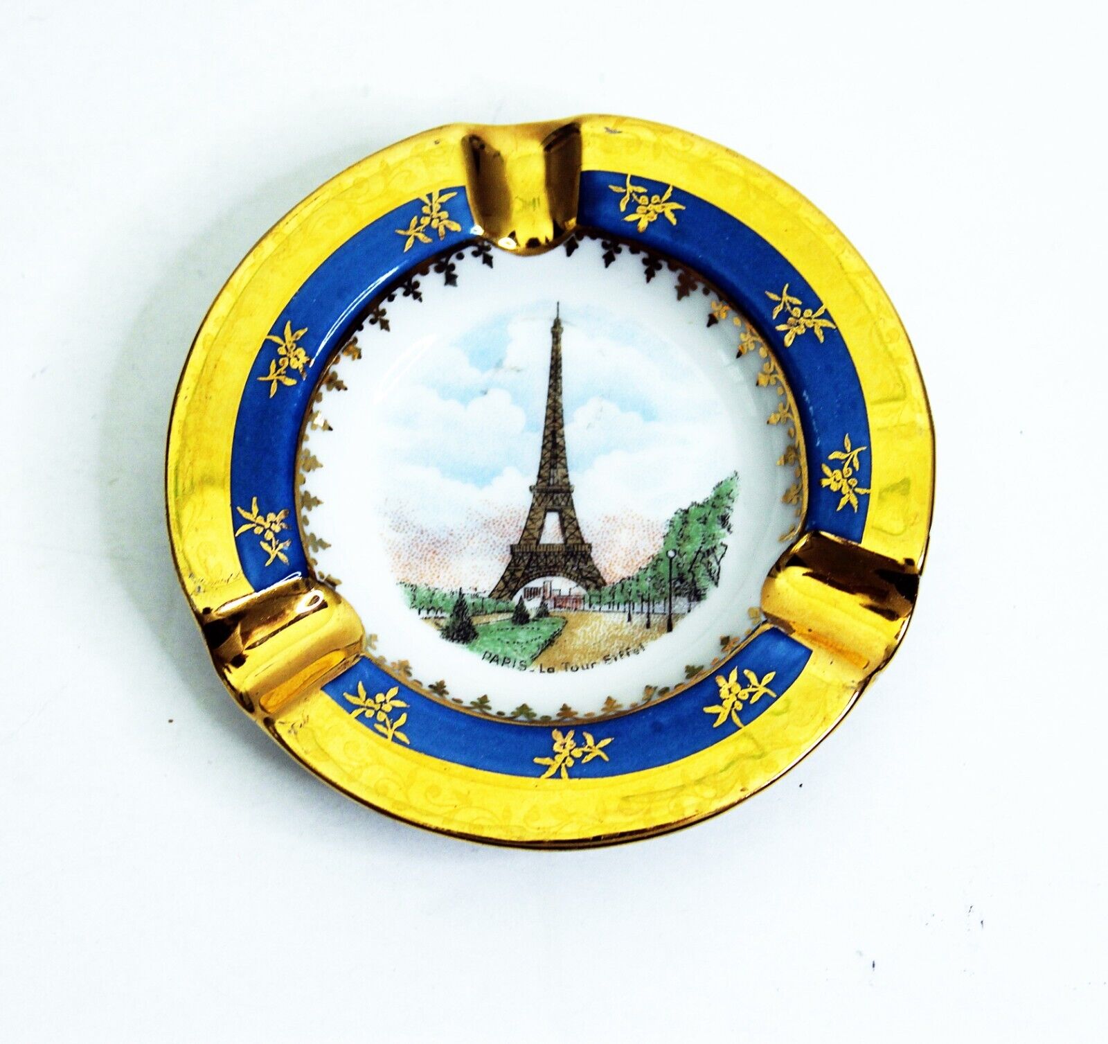 LIMOGES FRANCE SMALL ASHTRAY Eiffel Tower Gold Blue 4\