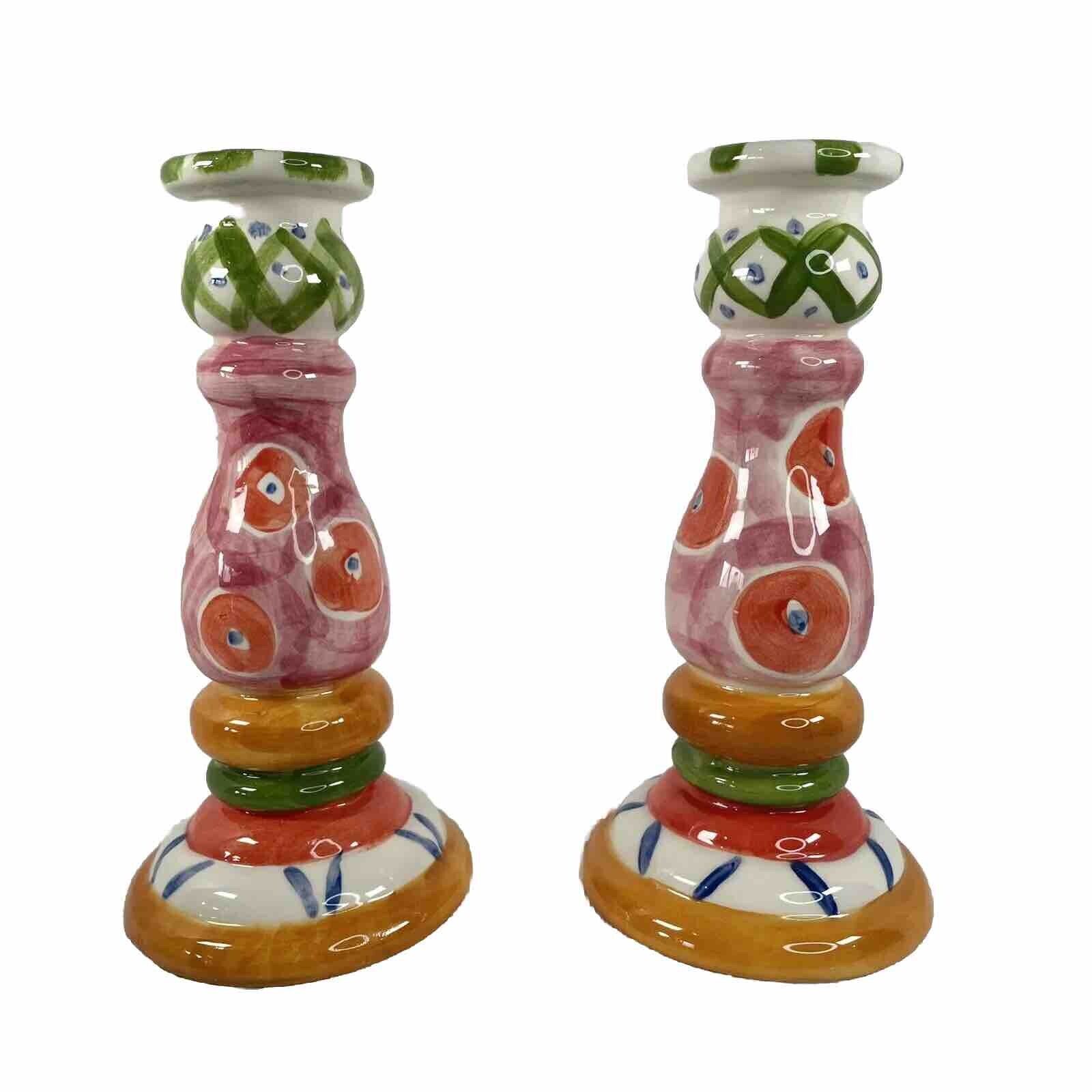 Set of 2 Vicki Carroll Candlesticks Candle Holders Signed Fun Pattern 8 Inches