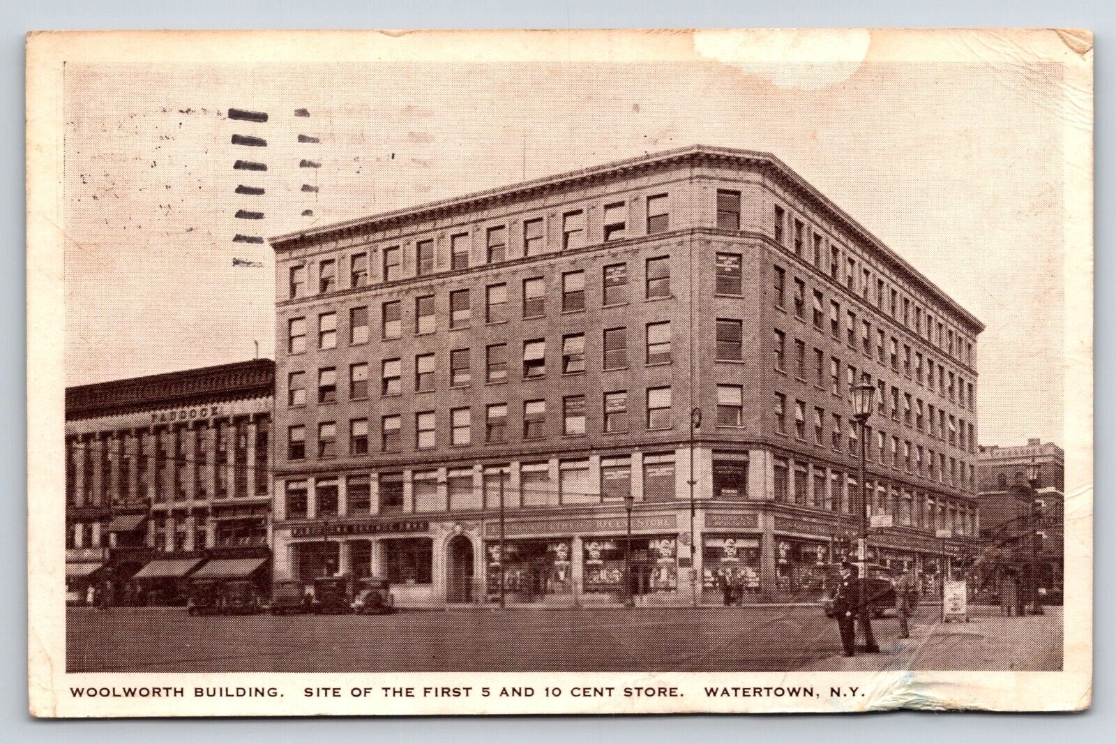 Postcard Woolworth Building Site of the First 5 and 10 Cent Store Watertown, NY