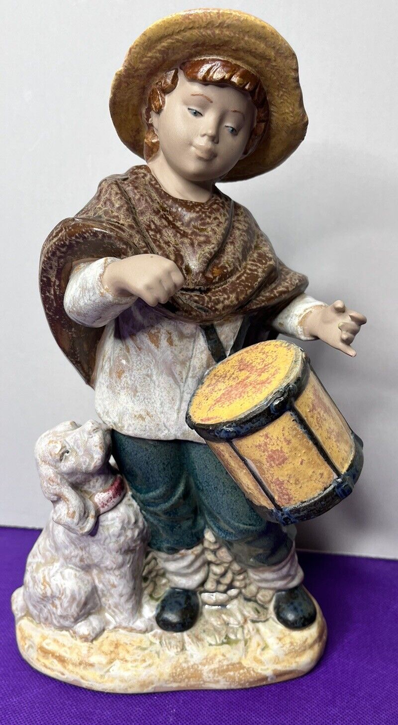 Vintage Nadal Porcelain Figurine Village Boy Yellow Hat & Dog Beating Drum