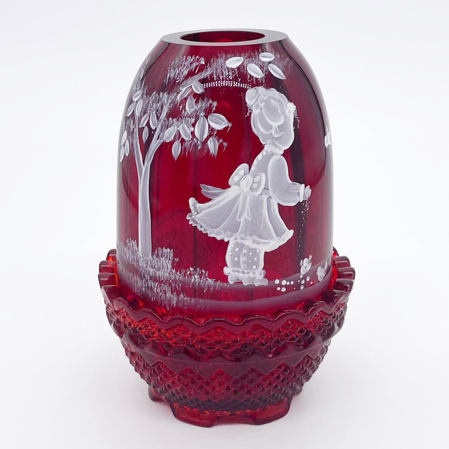 Fenton Ruby Glass Fairy Light Candle Holder Signed Nancy