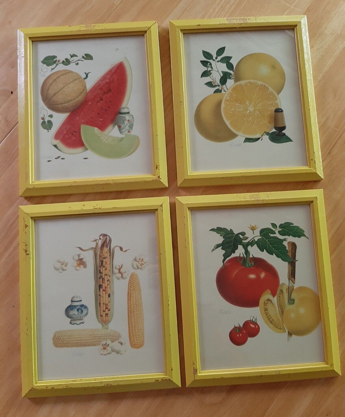 Vintage MCM Set Of 4 Pertchick Kitchen Art Framed Prints Fruits And...