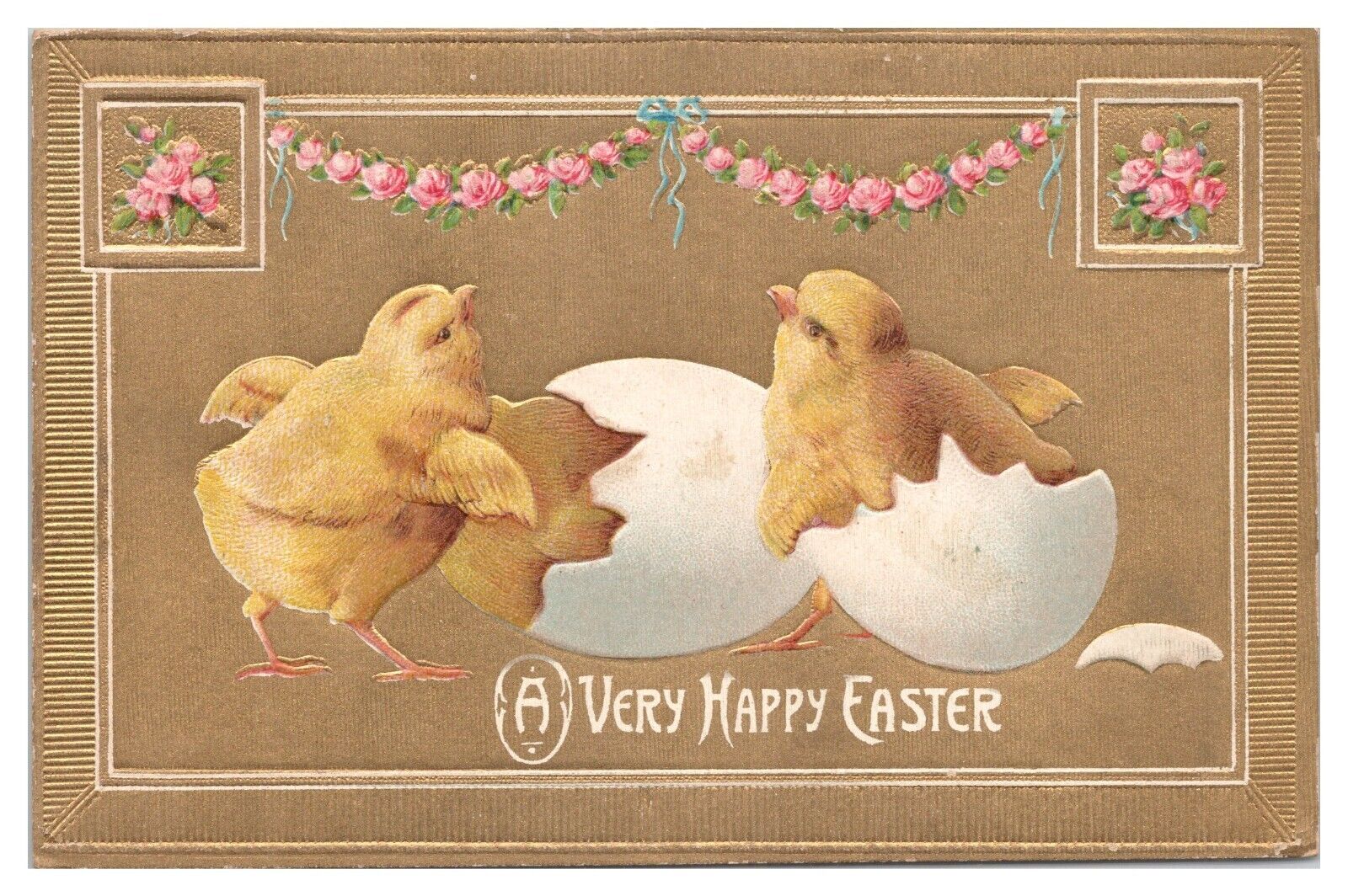 Vintage Embossed A Very Happy Easter Postcard Chicks Hatching Gold Background