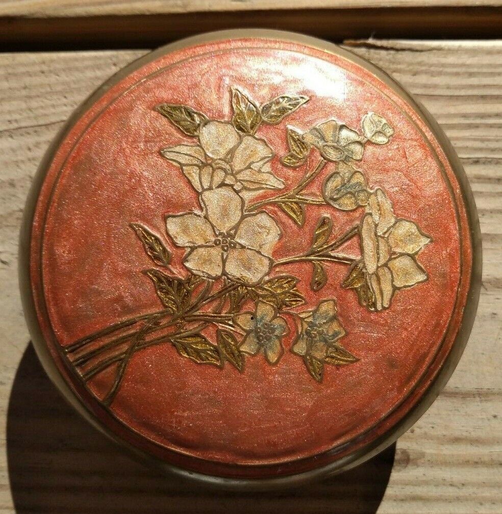 Vintage Solid Brass India Enamel Floral Round Embossed Container Jewelry Trinket