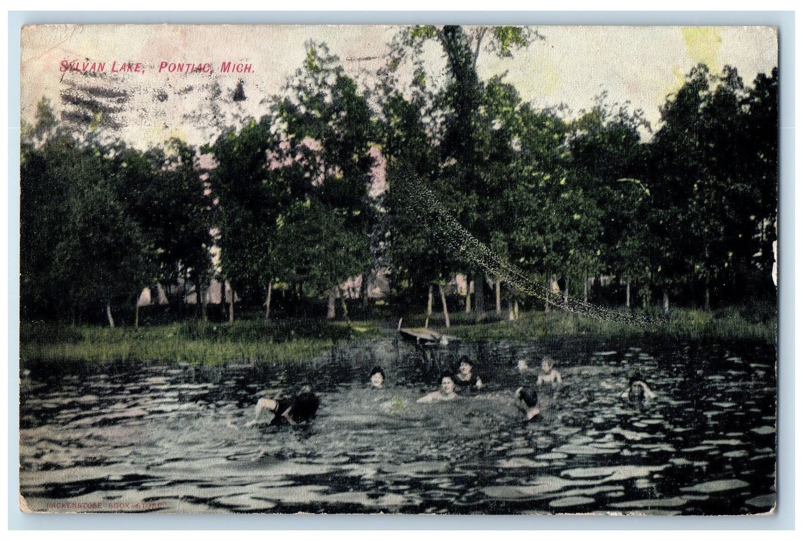 1907 Sylvan Lake Trees Scene Pontiac Michigan MI Posted People Swimming Postcard