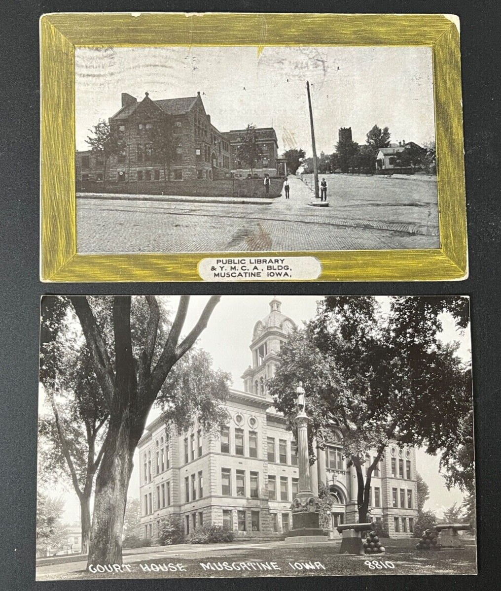 x2 MUSCATINE IOWA POSTCARDS  LIBRARY/YMCA Stamp 1914 FLAG  +COURT HOUSE RPPC 