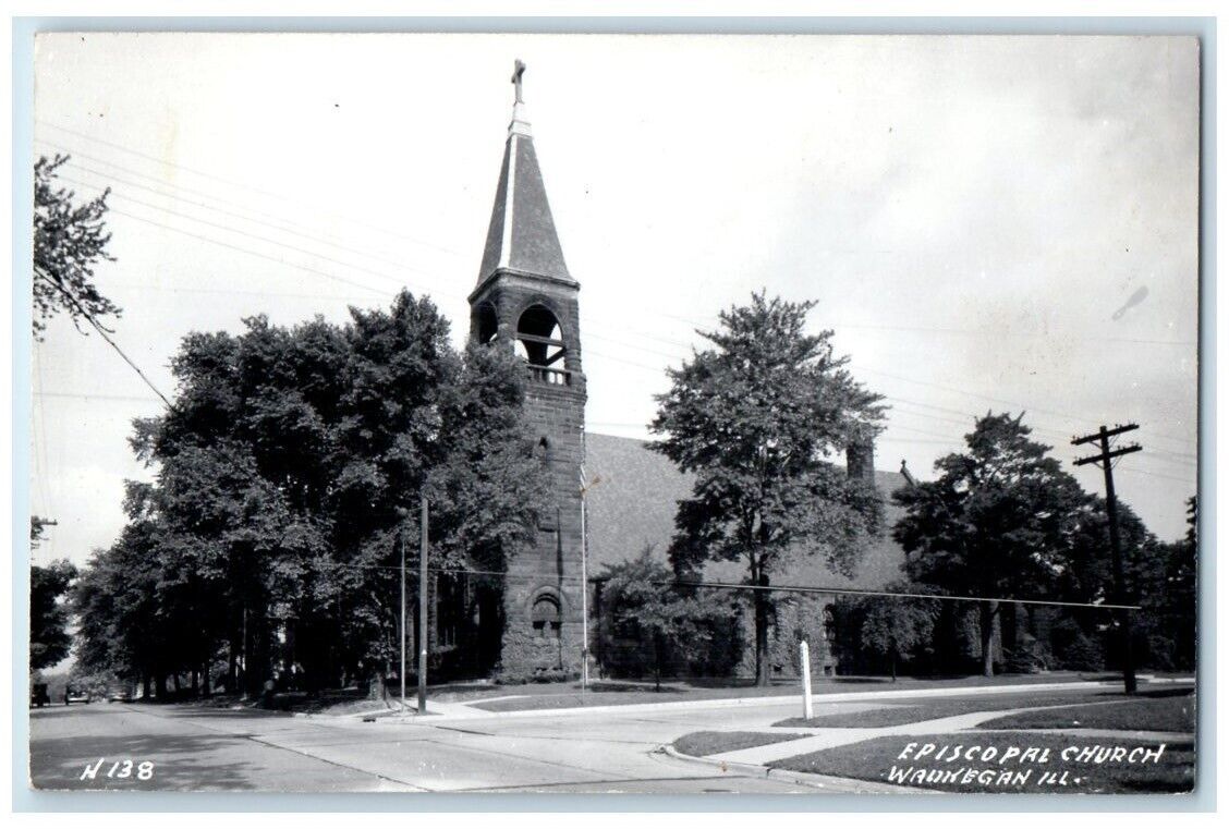 c1940's Episcopal Church Bell Tower Waukegan Illinois IL RPPC Photo Postcard