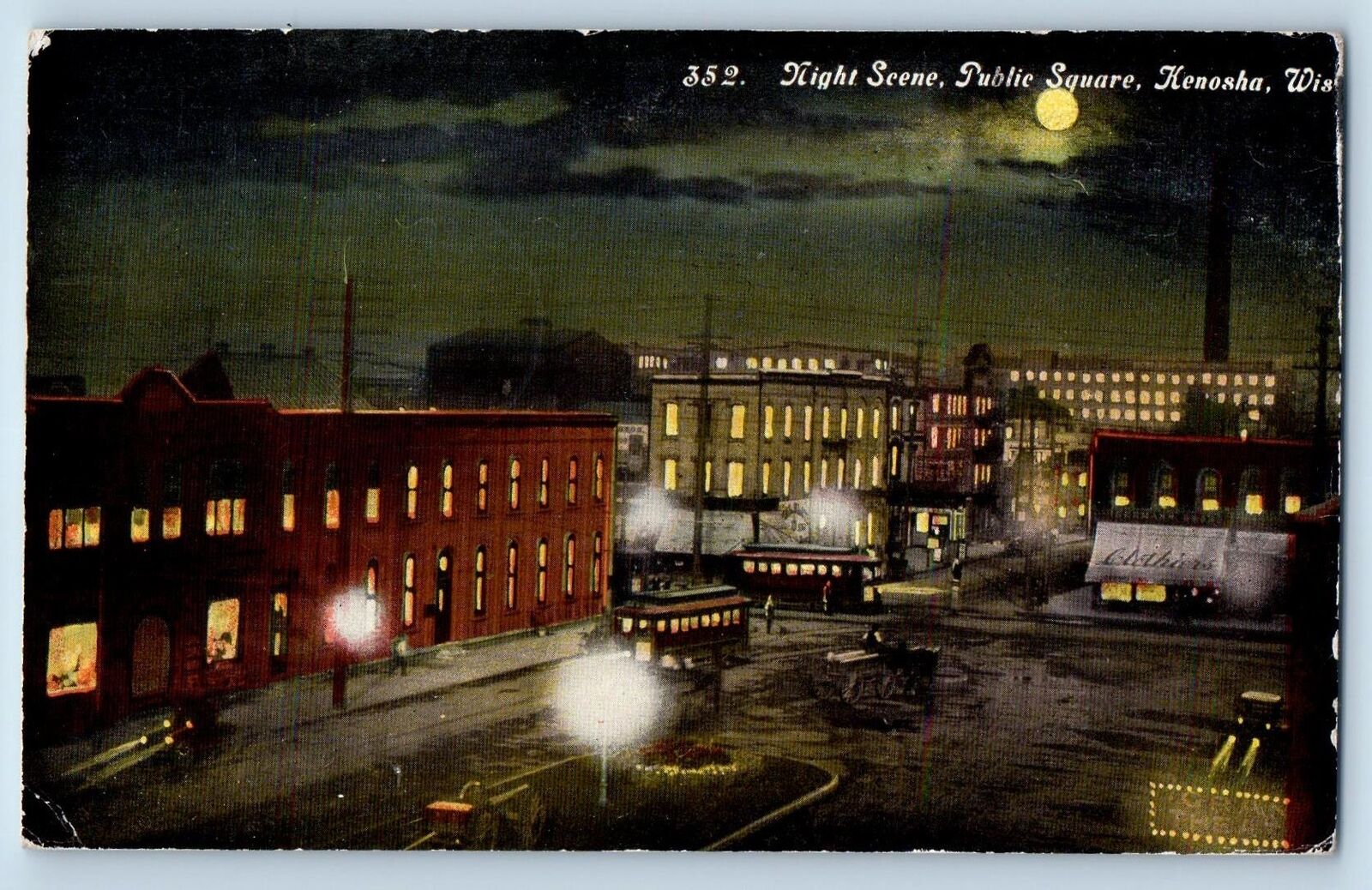 1911 Night Scene Public Square Tramway Car Buildings Kenosha Wisconsin Postcard