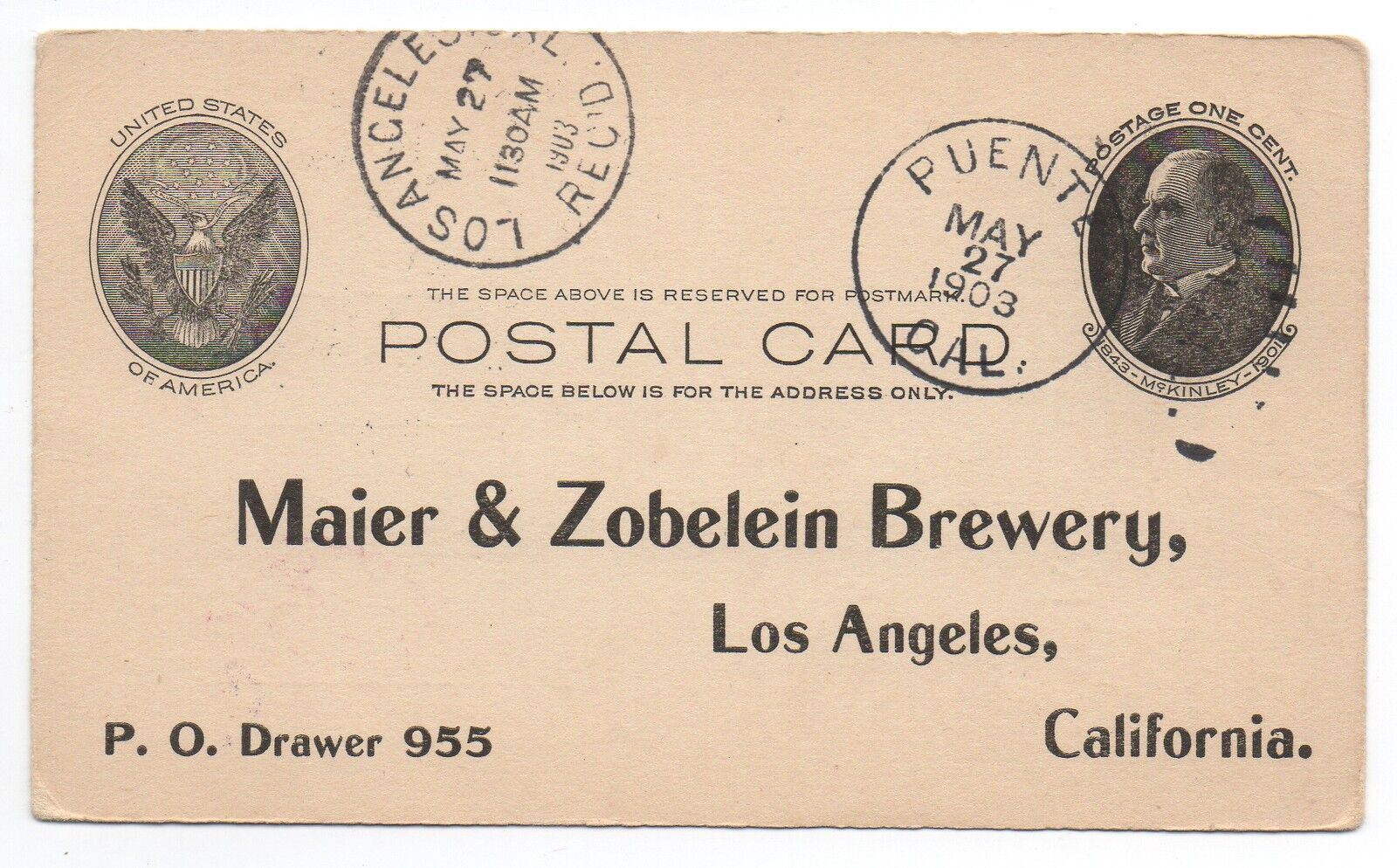 1903 Maier & Zobelein Brewery Adv Postcard  Los Angeles