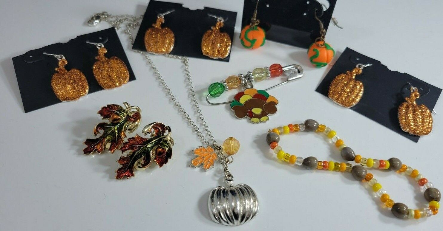 Thanksgiving Autumn Fall Necklace Earrings Pumpkin Glitter Clip On Leaves Lot  