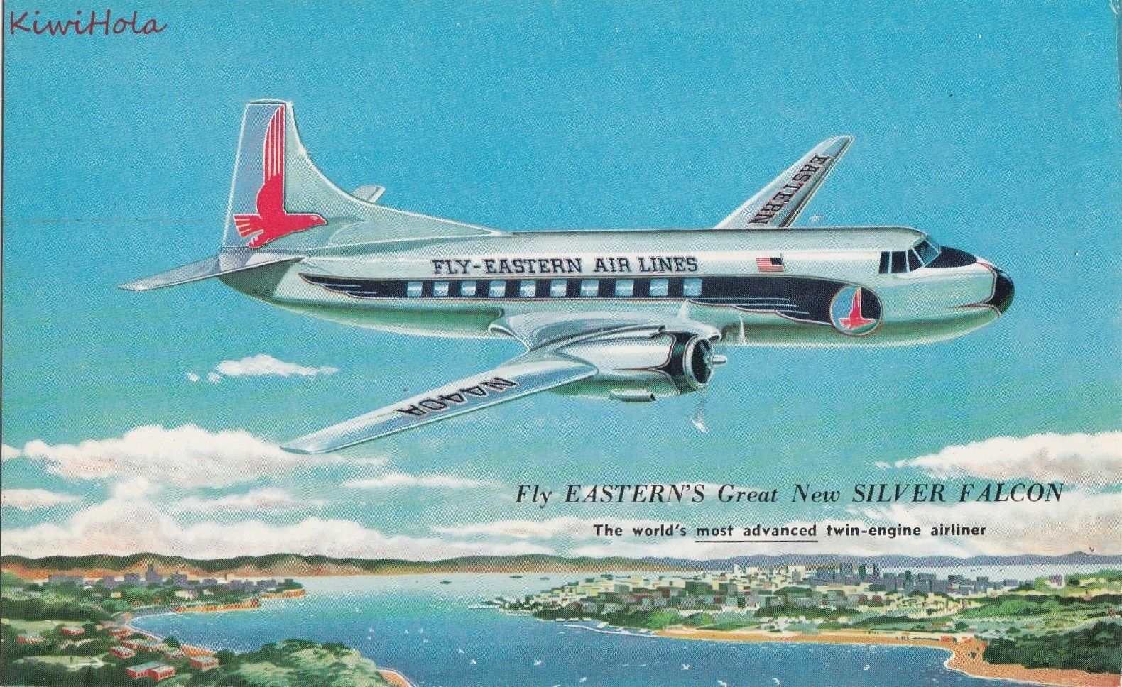 Postcard Airplane Fly Eastern\'s New Silver Falcon