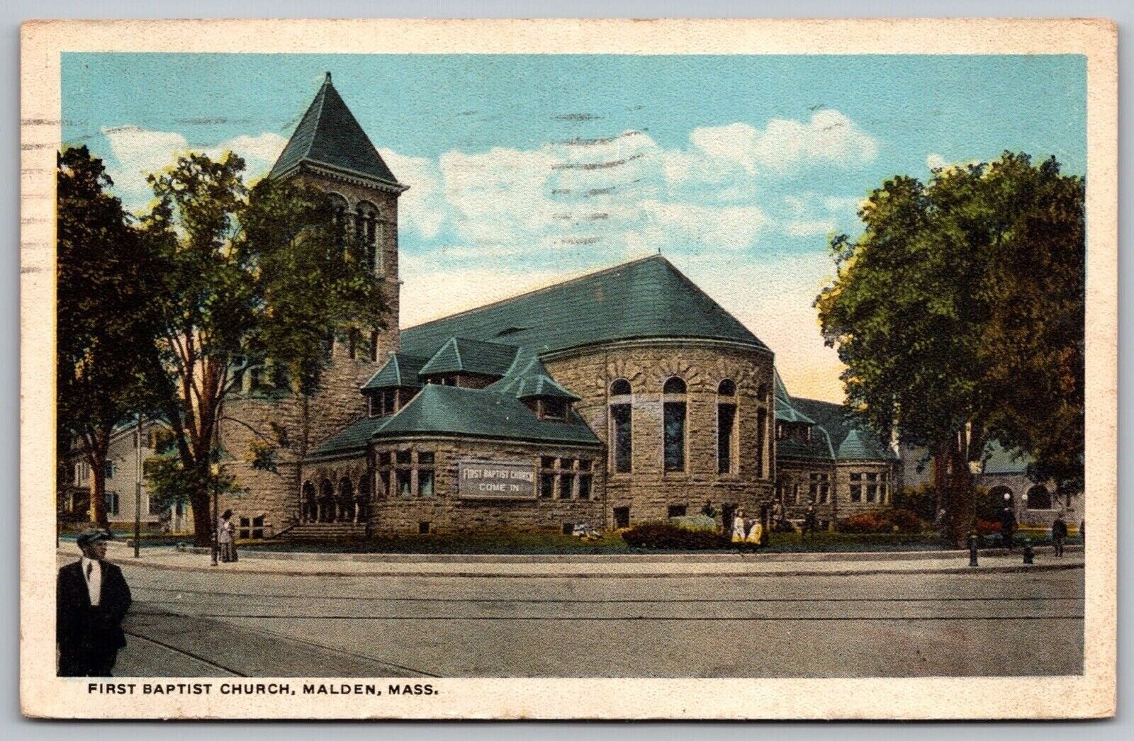 First Baptist Church Malden Massachusetts Street View Cancel 1922 VNG Postcard