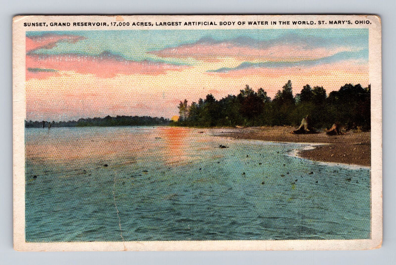 St. Mary's Ohio Sunset On Grand Lake St. Mary Reservoir Antique Vintage Postcard