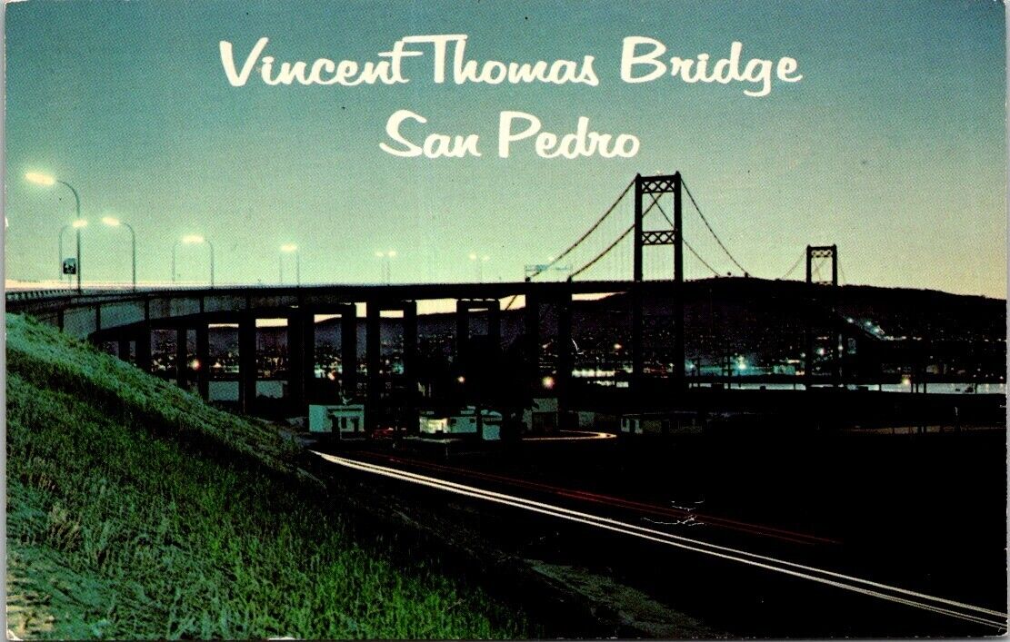 San Pedro CA Bridge Vincent Thomas Night View Terminal Island Vintage Postcard