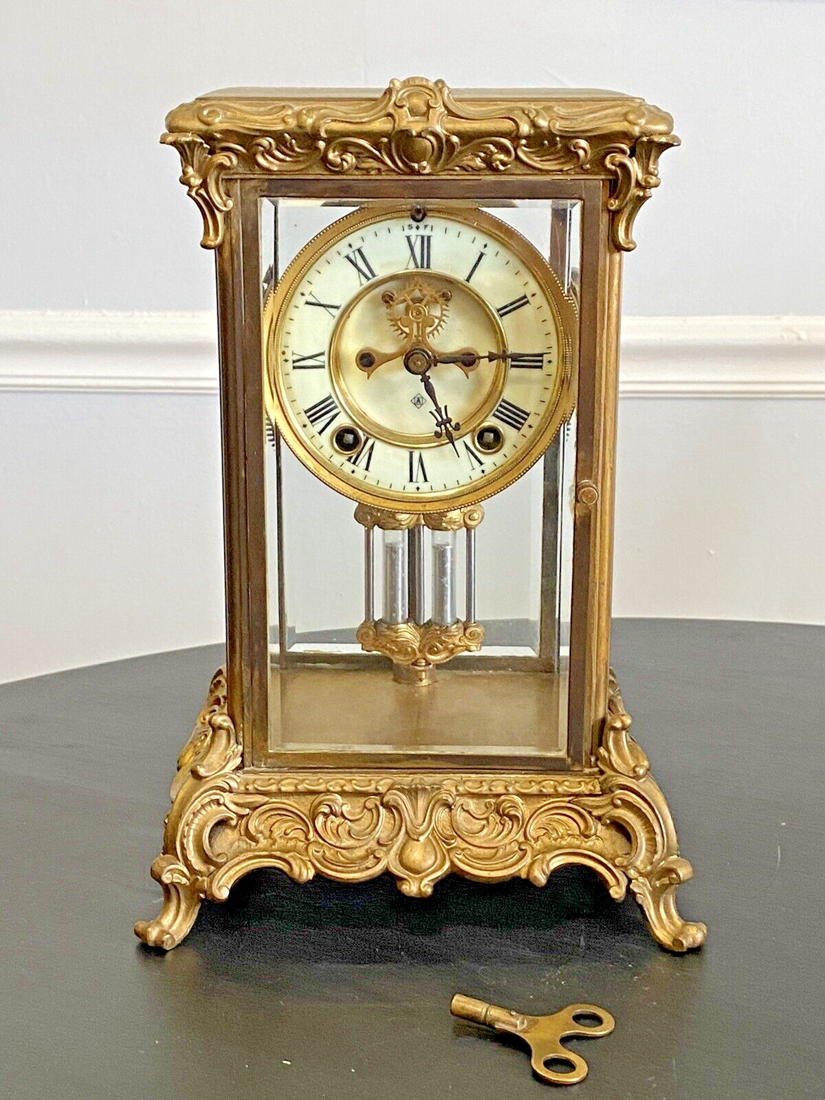 Antique Ansonia Crystal Regulator Mantle Clock Brass & Beveled Glass