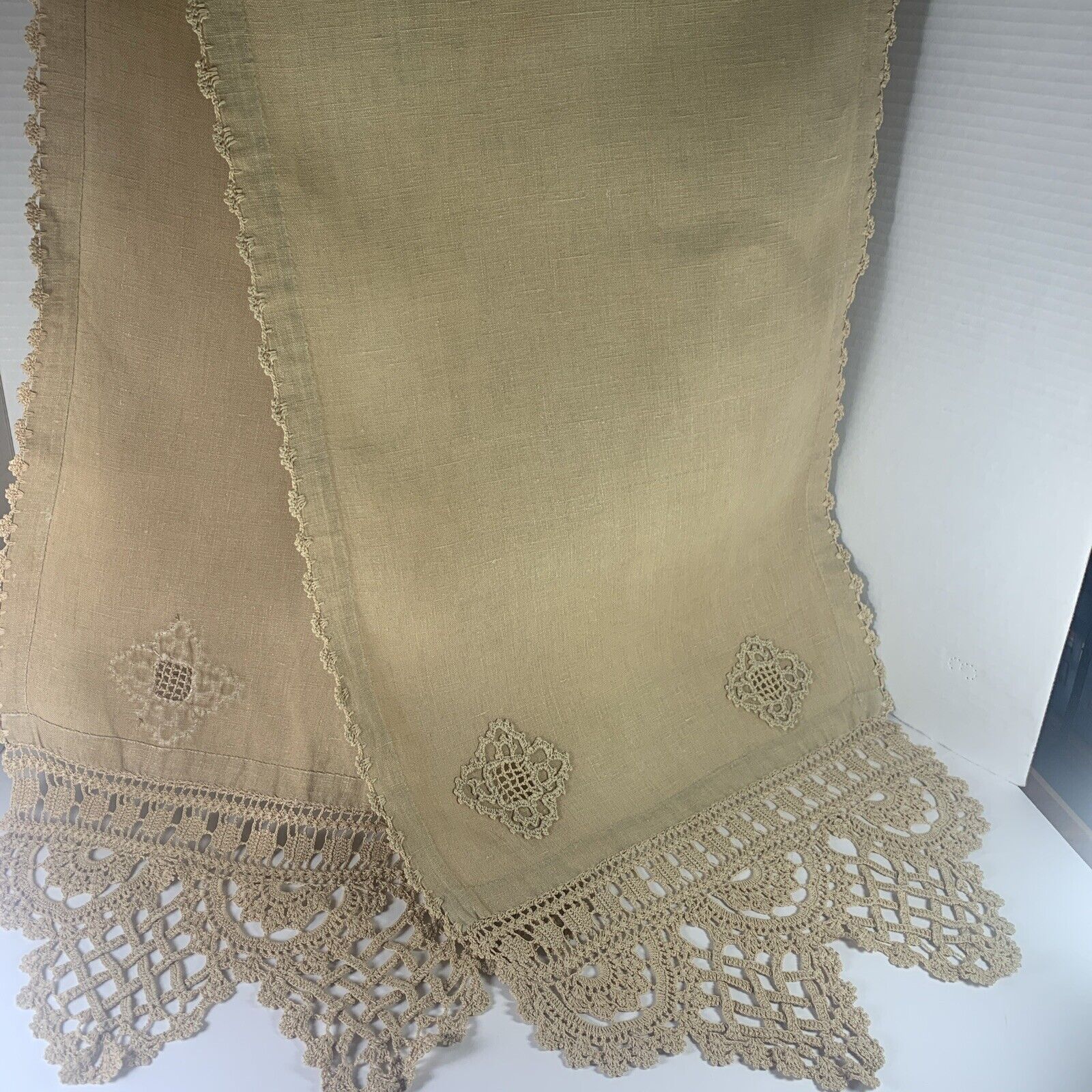 Antique Ecru Tan Linen Crochet Border Table Runner~72”~Vanity~French Country~