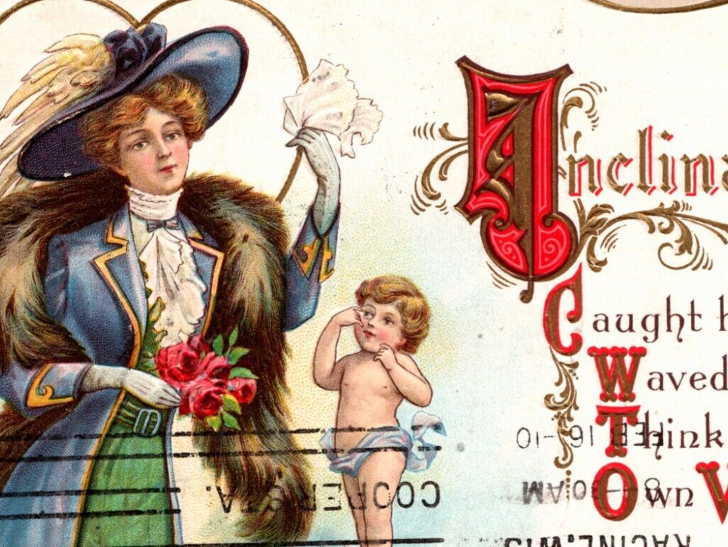 Vintage 1910 Valentine Postcard Cupid Victorian Lady In Big Hat & Fur  Scarf