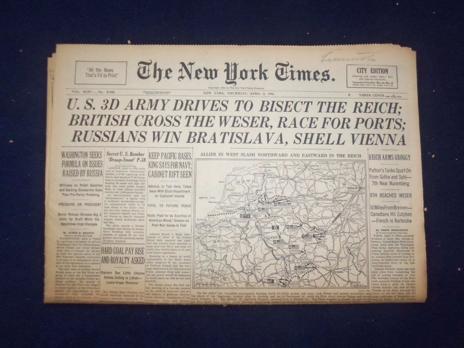 1945 APRIL 5 NEW YORK TIMES - U.S. 3DARMY DRIVES TO BISECT THE REICH - NP 6686