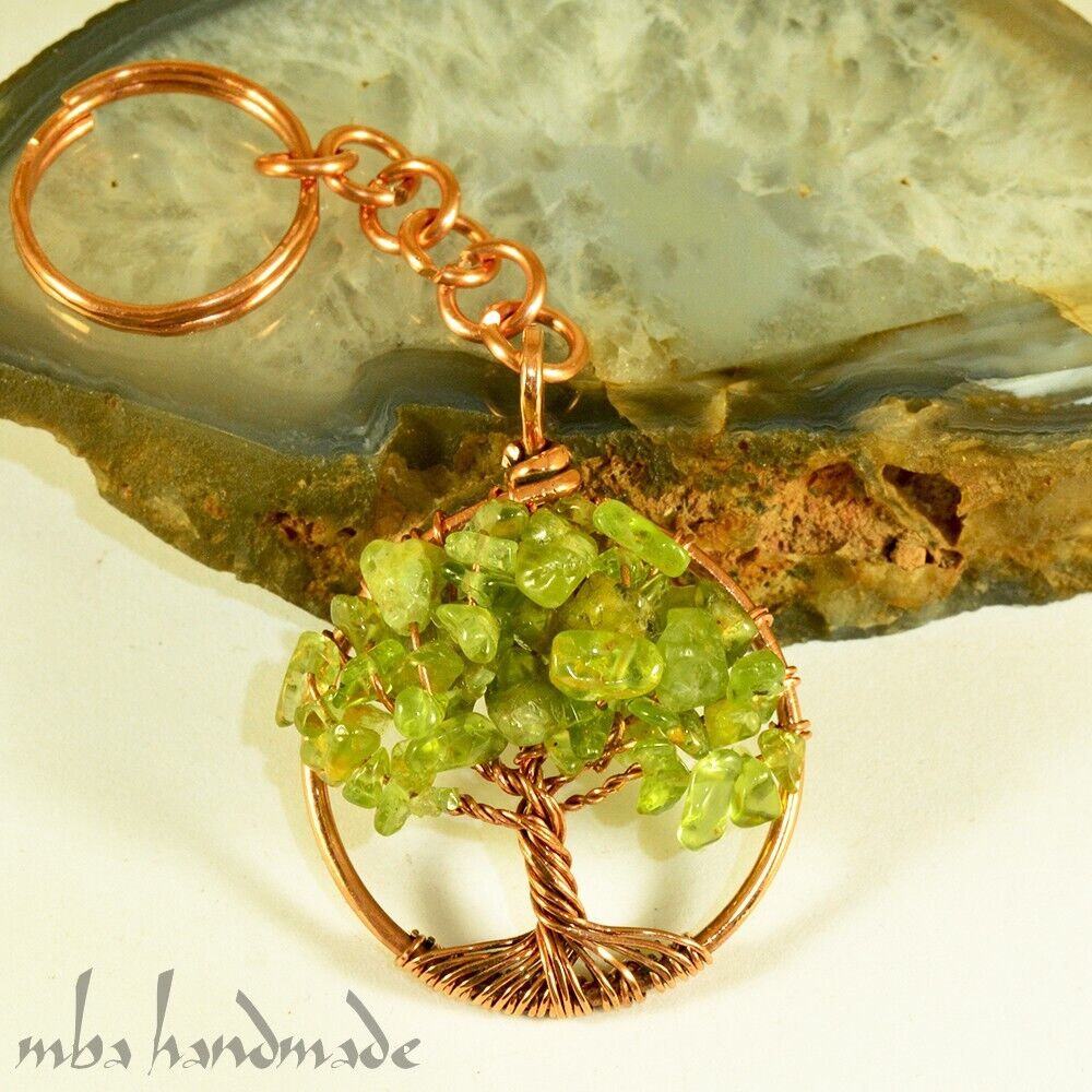 Peridot Crystals Tree Of Life Keychain (Keyring) Copper Wire Wrapped Jewelry