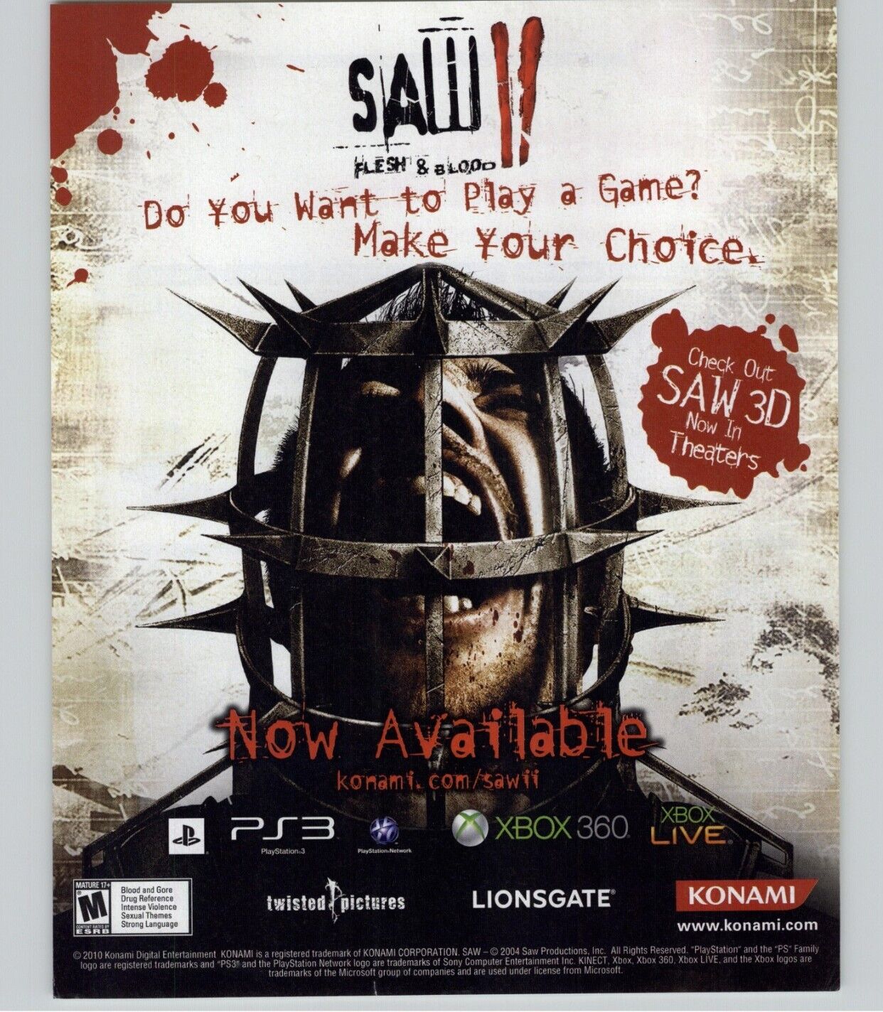 Saw II: Flesh & Blood PS3 PC Xbox 360 Video Game Art 2010 Vintage Print Ad 