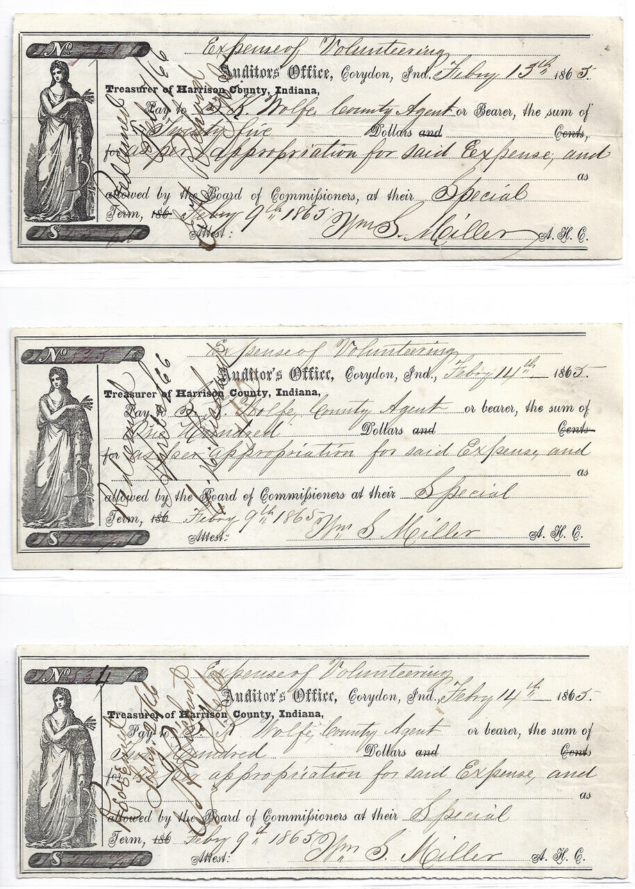 CIVIL WAR BOUNTY MONEY Notes Set: $25 $100 $200 Harrison County, IN 1865