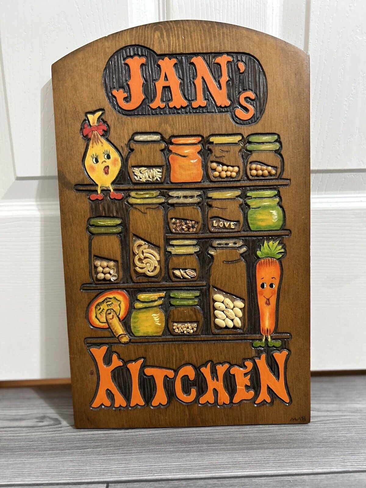 Vintage Jan’s Kitchen Wooden Sign Carved Painted Wall Plaque 1970s Food Country