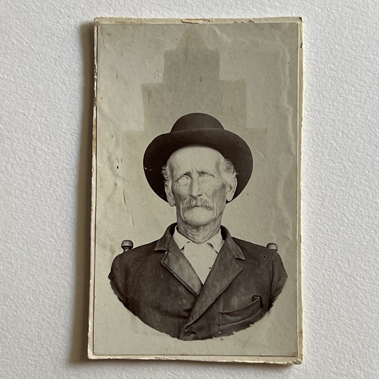 Antique CDV Photograph Handsome Mature Cowboy Great Details Background Design ID