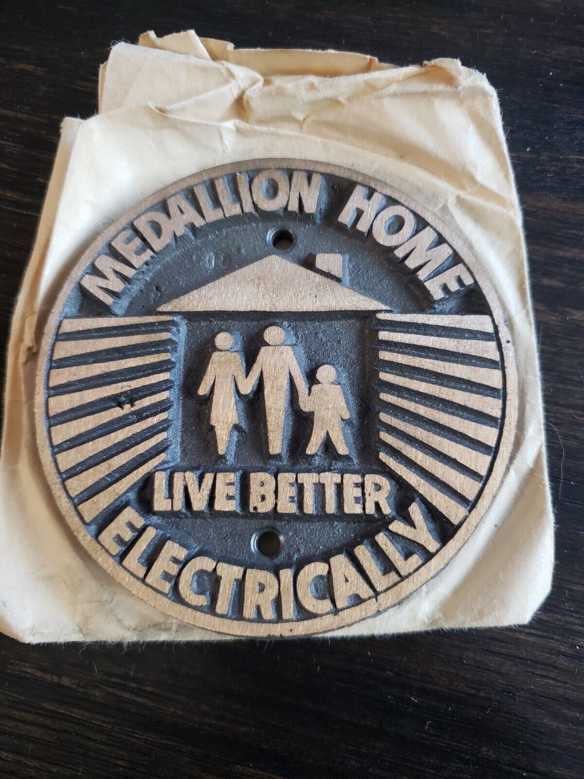 Vintage Medallion Home Live Better Electrically Bronze Badge 1950s 3”