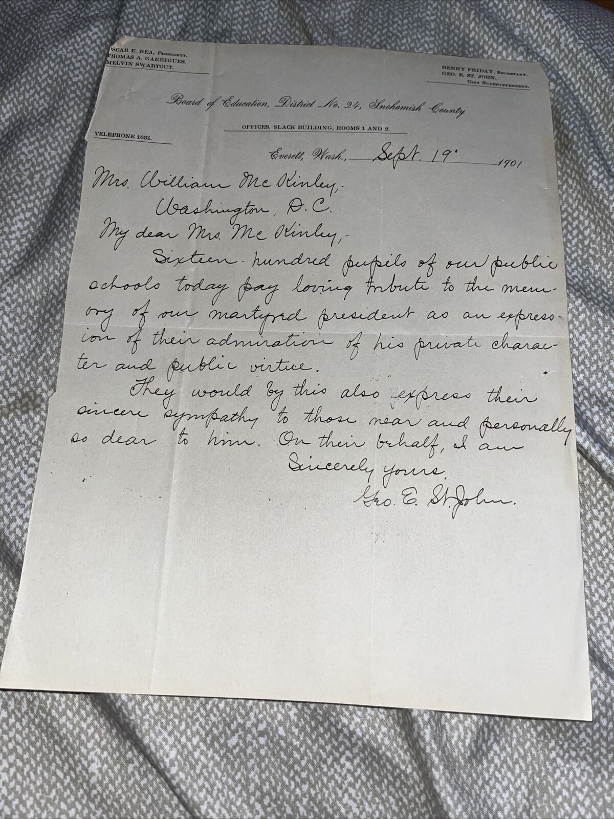 1901 Board of Ed Snohomish County Everett WA Letter on McKinley Assassination