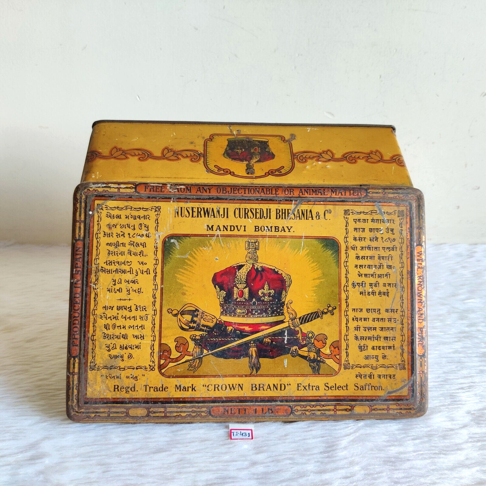 1940 Vintage Crown Brand Saffron Advertising Litho Tin Box Old Collectible T1431
