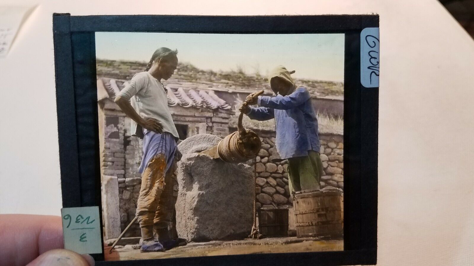 Colored Glass Magic Lantern Slide GWR CHINA CHINESE PULLING FROM THE WELL MEN