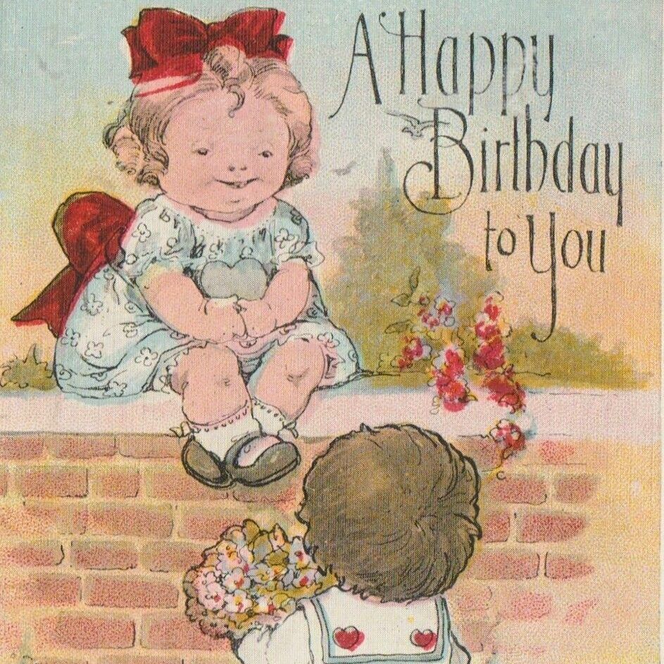 A Happy Birthday To You Boy & Girl Sitting On Brick Wall 1922 Postcard Comic