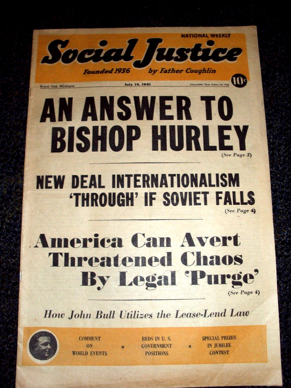 Social Justice National Weekly Father Coughlin July 14 1941 Magazine Hurley