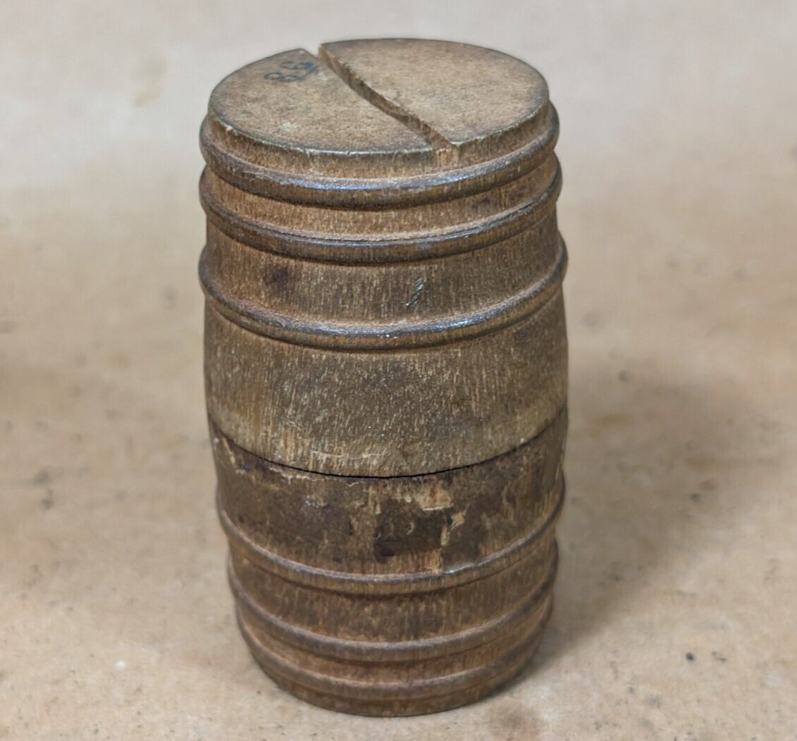 Small Antique Turned Wood Barrel Coin Cash Money Savings Bank