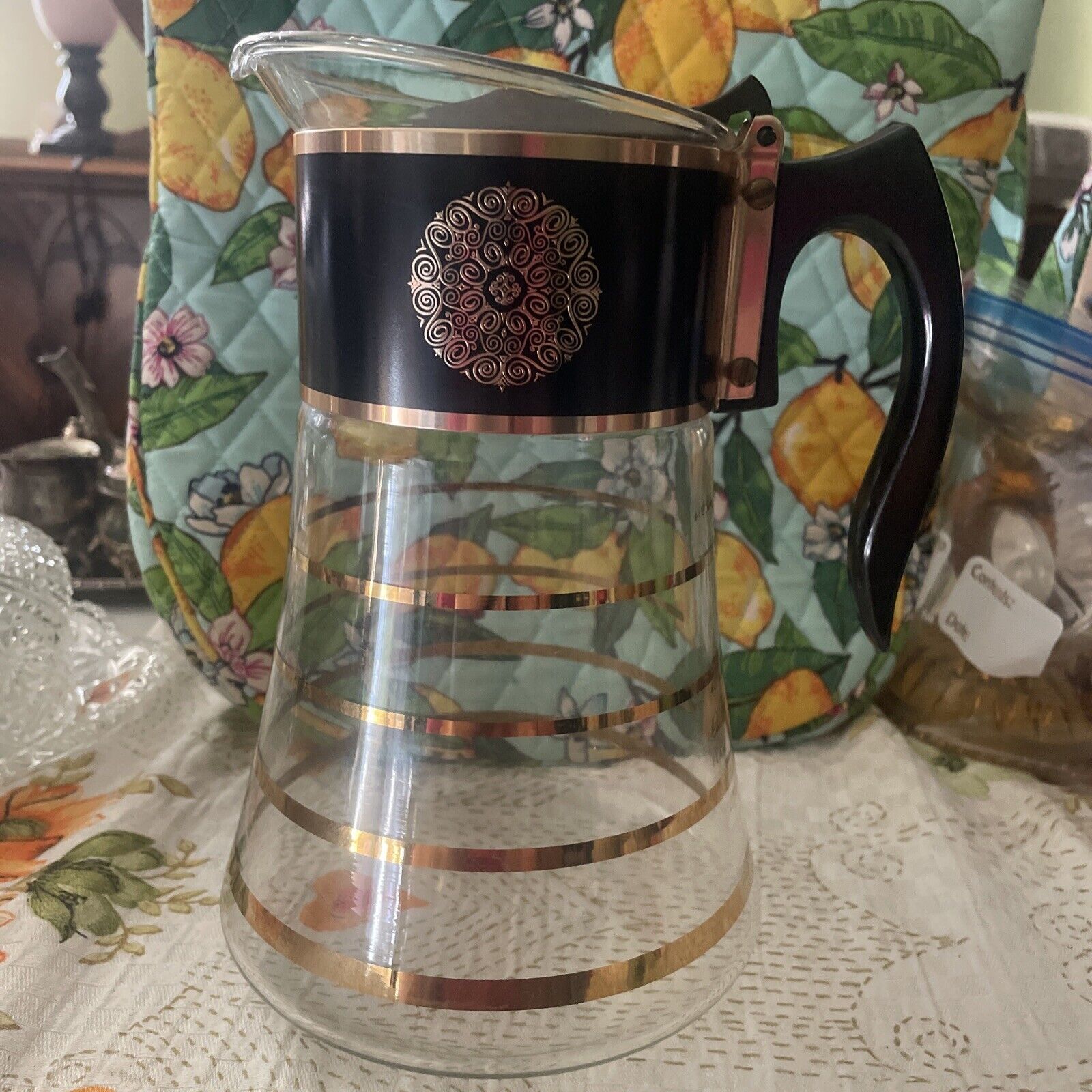 Vintage Mid Century David Douglas Flameproof Coffee Pot Carafe 8 Cup Black Gold