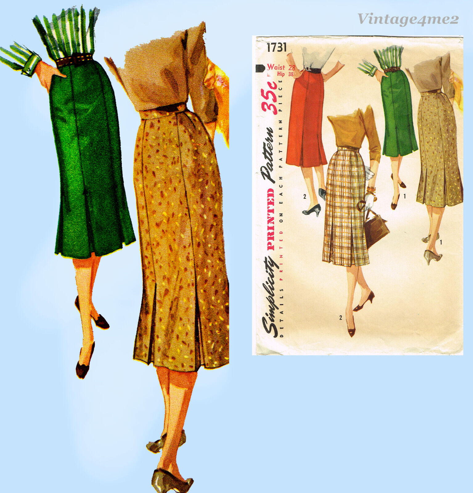 Simplicity 1731: 1950s Misses Slender Skirt Size 28 Waist Vintage Sewing Pattern