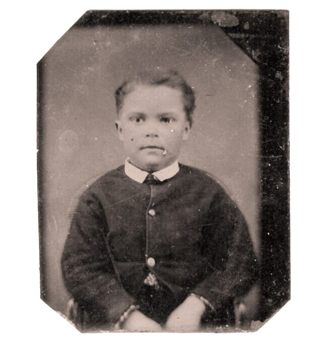1860s 1870s  Victorian Young Boy Trimmed Ninth 9th Plate Tintype 1/9 Antique