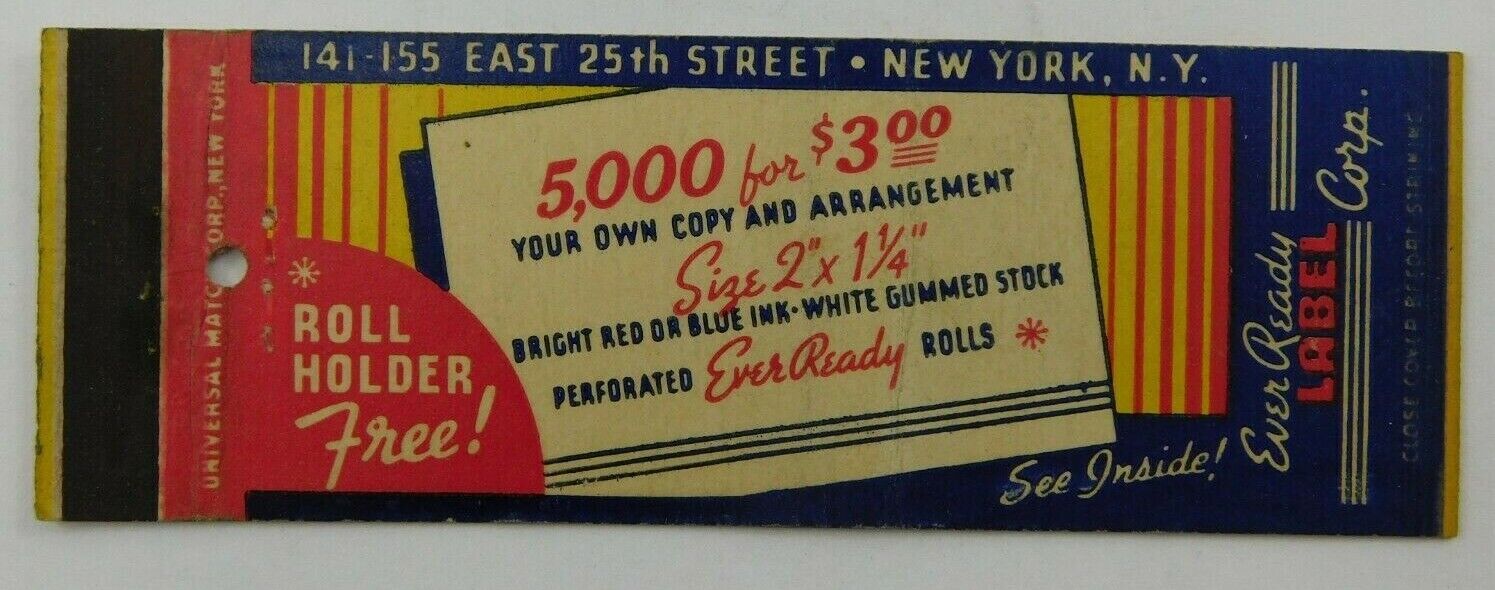 Ever Ready Label Corp 5,000 For $3.00 New York City NY Vintage Matchbook Cover